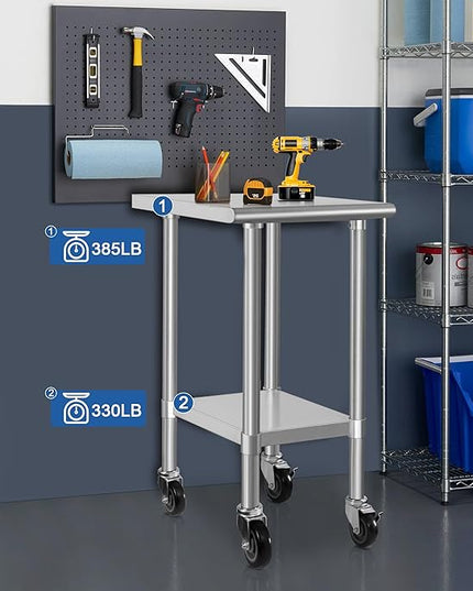 HARDURA Stainless Steel Commercial Table Prep & Work Table with Casters Heavy Duty Metal Table with Wheels NSF 430 24×24 Inches