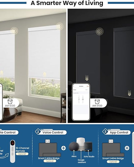 No Drill Motorized Blinds with Remote, Blackout Automatic Blinds with Solar Panel, Cordless Smart Electric Roller Shades for Windows, White, 45½ x 72