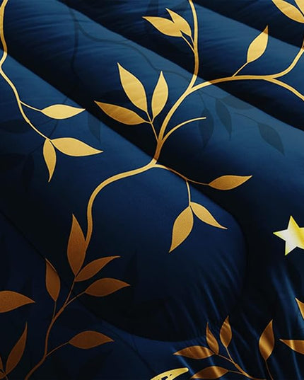 AILONEN Moon Comforter Set Queen Size, Gold Moon Star Leaves Print Bedding Set,Soft Lightweight Quilt Set for Boys Girls Adults Room Decor All Season 3 Pieces, 1 Comforter and 2 Pillowcases