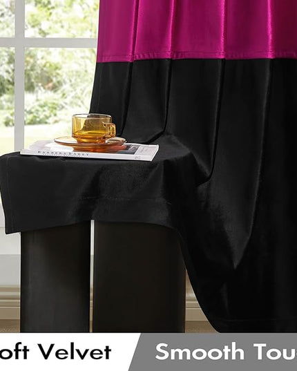 BULBUL Color Block Window Curtains Panels 108 inches Long Hot Pink Black Velvet Farmhouse Drapes for Bedroom Living Room Darkening Treatment with Grommet Set of 2