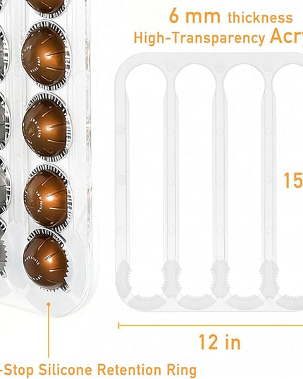 Under Cabinet Coffee Pods Organizer for Nespresso Capsules Vertuo, Holds Up to 24 Capsules in 4 Rails |Enter from One Side, Pull Out from the other|- Color Clear