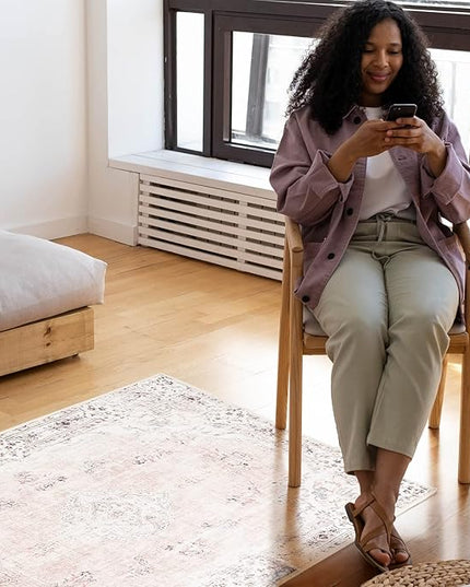 MUJOO Boho Area Rug 3'x5' Machine Washable, Pink Small Non Slip Area Rugs for Entryway Bedroom Bedside Kitchen Hallway Living Room Laundry Room Indoor Mat Soft Low-Pile Floral.