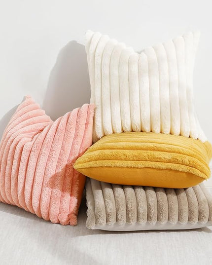 decorUhome Faux Fur Spring Throw Pillow Covers 24x24 Set of 2, Decorative Soft Plush Striped Neutral Couch Euro Pillow Covers with Velvet Back for Sofa, Bed, Living Room Home Decor, Blush Pink