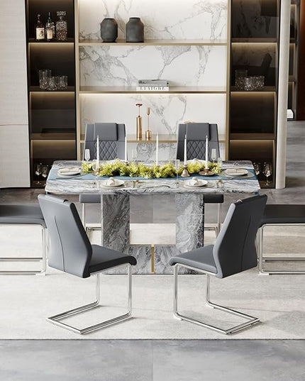 Dinner Table Set for 6, 7 Piece Dining Table Set with Chairs, 63" Faux Marble Modern Table with 6 PU Leather Upholstered Chairs, for Kitchen & Dining Room