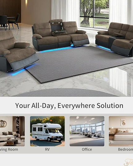 Power Recliner Sofa Set with LED Light, 3-Piece Fabric Reclining Sectional Couches, Living Room Furniture Sets, Reclining Sofa with Cup Holders/Storage Console for House(Brown Grey)