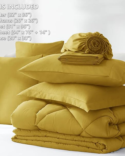 CozyLux Full Size Comforter Sets Mustard Yellow - 7 Pieces Bed in a Bag Full, Luxury Soft Bed Set for All Seasons, Bedding Set with Down Alternative Comforter, Sheets, Pillowcases & Shams