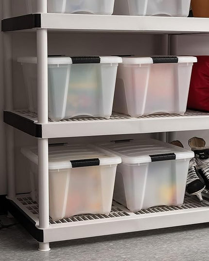 IRIS USA 32 Qt Stackable Plastic Storage Bins with Lids, 4 Pack - BPA-Free, Made in USA - Discreet Organizing Solution, Latches, Durable Nestable Containers, Secure Pull Handle - Pearl