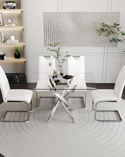 5 Piece Dining Table Table Set, Modern Tempered Glass Dining Table Set for 4 Kitchen Table Set with 4 Upholstered Chairs for Kitchen Dining Room (Sliver Table with White Hoop Leg Chairs)