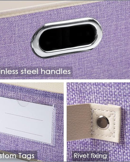 PRANDOM Large Foldable Storage Bins with Lids [3-Pack] linen Fabric Decorative Storage Boxes Organizer Containers Baskets Cube with Handles Divider for Bedroom Closet Purple&Cream(17.7x11.8x11.8)
