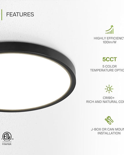 ASD LED 12" Round Flush Mount Ceiling Light Fixture, Low Profile Surface Lighting | 5CCT, Dimmable, Ultra-Thin, ETL Listed | 24W 2000LM 2700-6000K 100-277V | Kitchen, Hallway Lamp | Black, 12 Pack