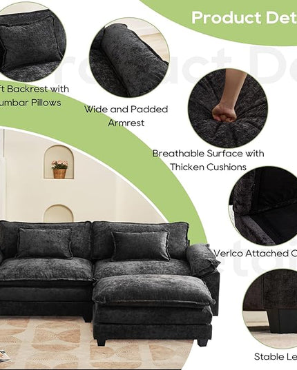 86" Modular Sectional Sofa, Comfy Cloud Couch Sectional Sofa with Ottoman, Chenille Sofa Sleeper Deep Seat Sofa with Throw Pillows for Living Room (Black, 86"- L Shape)