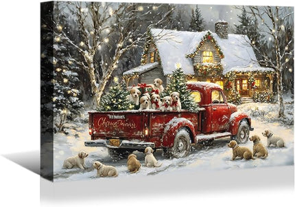 YONICA Christmas Wall Decor Christmas Canvas Wall Art Home Decorations 16x12 Inches - Christmas Cabin Pictures Christmas Pine Tree Red Truck Pet Dog Prints Winter Painting Xmas Artworks for Bedroom