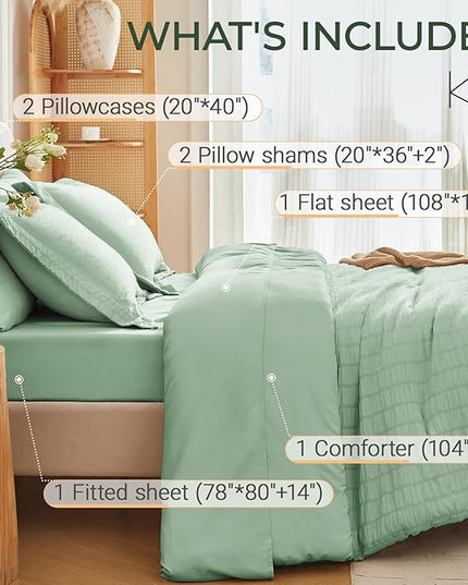 MUXHOMO 7 Pieces King Comforter Set, Seersucker Bed in a Bag King Size, All Season Luxury Bedding Set with Comforter, Flat Sheet, Fitted Sheet, Pillowcases & Shams, Sage Green