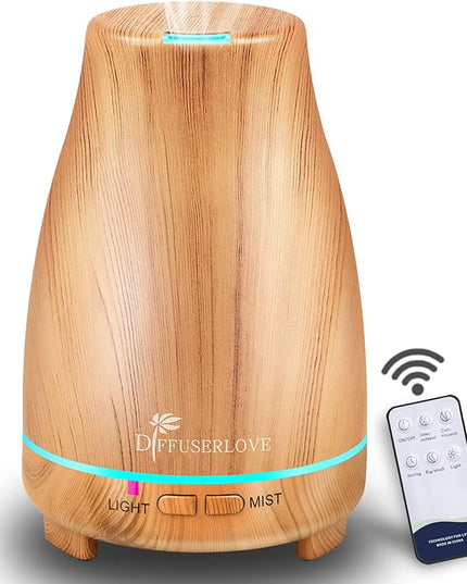 Diffuserlove Essential Oil Diffusers 200ML Diffuser Remote Control Aromatherapy Diffuser with 7 Color Lights, Auto Shut-Off for Bedroom Office Kitchen (Yellow Wood Grain)