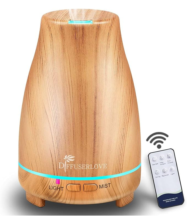 Diffuserlove Essential Oil Diffusers 200ML Diffuser Remote Control Aromatherapy Diffuser with 7 Color Lights, Auto Shut-Off for Bedroom Office Kitchen (Yellow Wood Grain)