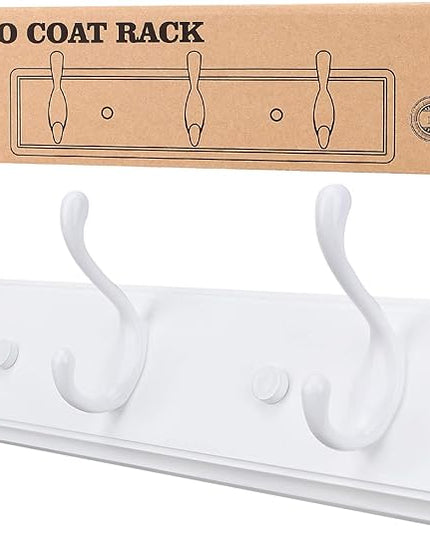 Wooden Coat Rack, Wall-Mounted Organizer for Closet, Entryway, Hallway, Foyer, Bedroom, Heavy Duty Double Hooks for Hanging Towels, Bags, Hats, Jackets, Key (White, 3 Hooks)
