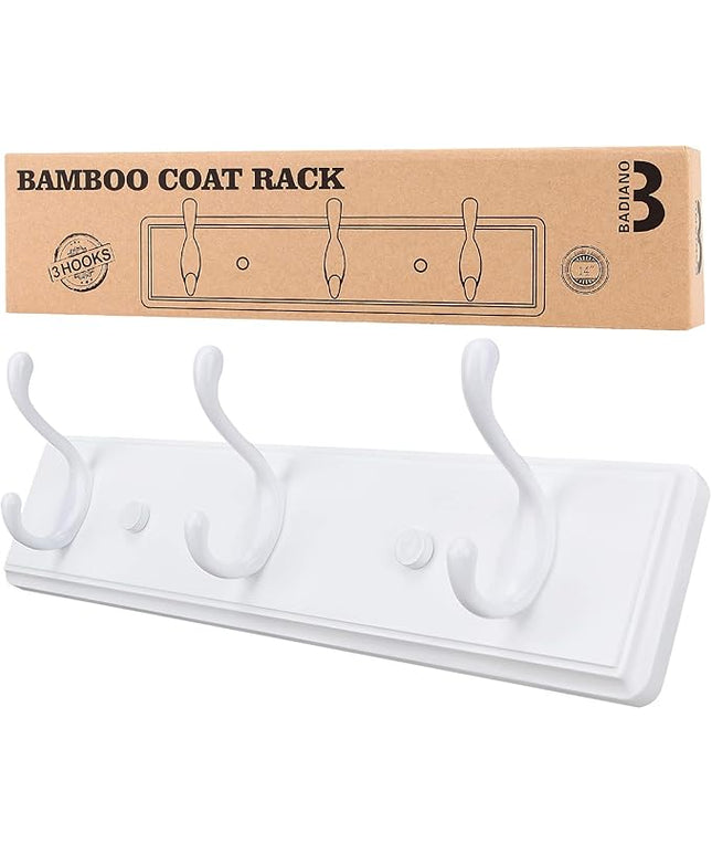 Wooden Coat Rack, Wall-Mounted Organizer for Closet, Entryway, Hallway, Foyer, Bedroom, Heavy Duty Double Hooks for Hanging Towels, Bags, Hats, Jackets, Key (White, 3 Hooks)