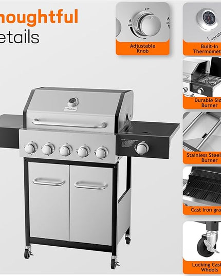 Veralune 5 Burner Propane Gas Grill with Side Burner & Porcelain-Enameled Cast Iron Grates, 68,000 BTU Output Professional Grade Stainless Steel Outdoor BBQ Grill for Backyard, Patio, Garden Cooking