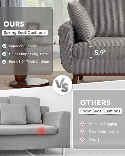 Tbfit Corduroy Couch for Living Room, Mid Century Modern Sofa with Spring Cusions for Bedroom,Comfy Upholstered Couches Easy Assembly with Solid Wood Legs & 2 Pillows (Grey, 65inch)