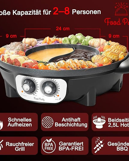 Food Party Hot Pot with Grill 2 in 1 Electric Smokeless Grill and Hotpot Pot Combo Korean BBQ Grill 110V 1700W