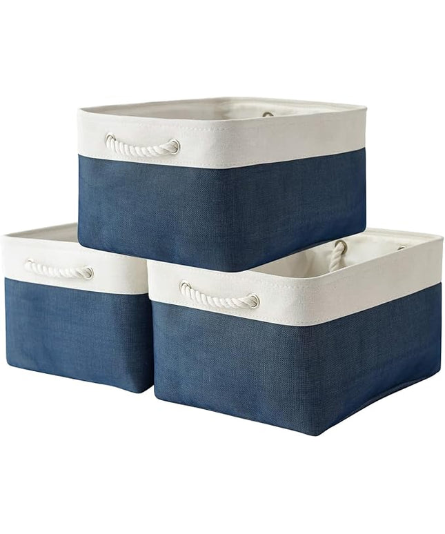 TheWarmHome Collapsible Storage Bin for Shelves - Large 3 Pack 16x12x8 inch Storage Basket for Organizing with Handles, Canves Storage Box for Organizer Toy Closet Cloth Gift (White & Jean Blue)