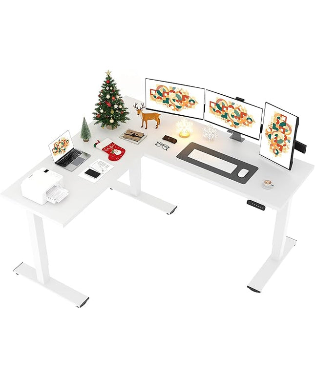 SANODESK L Shaped Standing Desk Adjustable Height, Electric Corner Standing Desk, 71 x 63 inch Sit Stand Computer Table with Splice Board, White