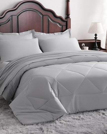 NTBAY King Comforter Set with Sheets, 7 Pieces Soft and Breathable King Bedding Set, Bed in a Bag, Down Alternative Comforter Set Solid Color All Season, King Bedding Set, Light Grey