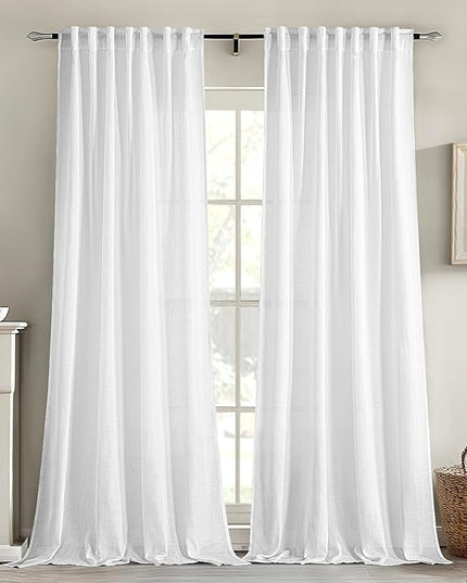 MIULEE White Linen Curtains 90 Inches Long 2 Panels for Bedroom Living Room, Soft Thick Linen Textured Back Tab Window Drapes Semi Sheer Light Filtering Rod Pocket Modern Farmhouse Decor