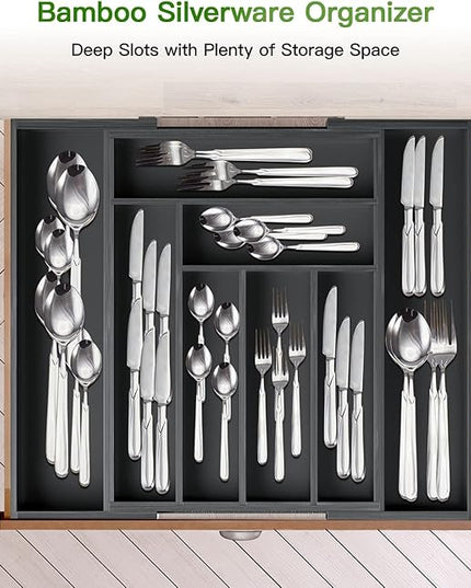 Pipishell Bamboo Expandable Drawer Organizer for Utensils Holder, Adjustable Cutlery Tray, Wood Drawer Dividers Organizer for Silverware, Flatware, Knives in Kitchen, Bedroom, Living Room (Black)