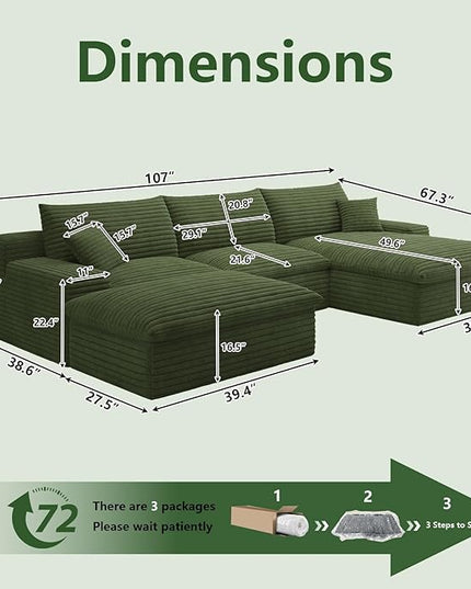 107" Cloud Couch Modular Sectional Sofa for Living Room, U-Shape Boneless Couch with Deep Seat, Modern Corduroy 3-Seater with Ottoman, No Assembly Required (Green,Right-Facing Chaise)