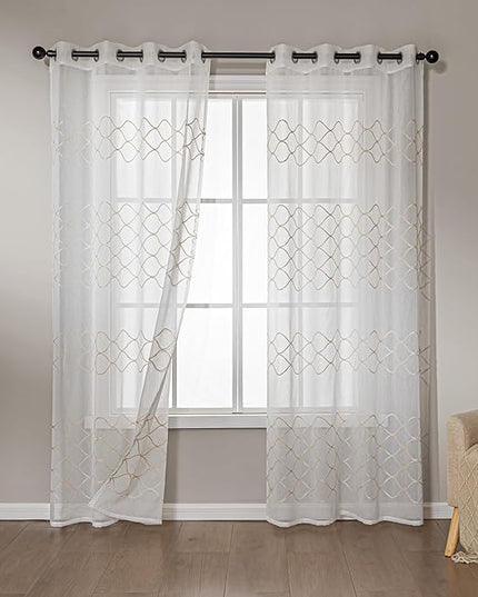 Amazon Basics 2-Piece Embroidery Sheer Curtain Set, Light Filtering Hollow Drapes for Living Room and Bedroom, 52" W × 84" L, White Scale