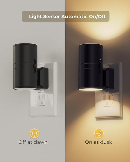 L LOHAS LED Night Light Plug in, 4 Pack, Dimmable Night Lights Plug into Wall, Light Sensor Nightlight, Soft White 3000K with Black Shade, Plug in Nightlights for Hallway Bathroom Kitchen Bedroom