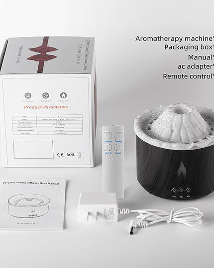 300ml Essential Oil Diffuser, Volcano Flame Aromatherapy Diffusers Fragrant Humidifier Vaporizer with Remote Control, Night Lights, Timer Auto Off for Bedroom Home Office (Dark Wood Grain)