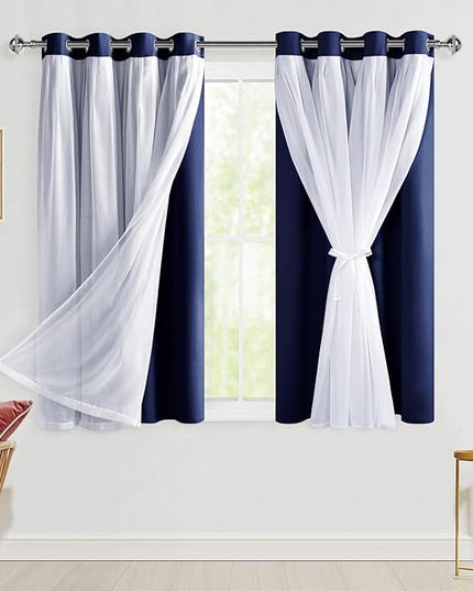 Hiasan Blackout Curtains with Sheer Overlay, Thermal Insulated Privacy Mix and Match Double Layer Window Curtains for Bedroom, Living Room, 2 Drape Panels Sewn with Tiebacks, Navy Blue, 52W X 54L