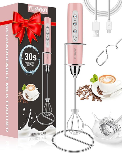YUSWKO Milk Frother Handheld for Coffee with Stand, Rechargeable Drink Mixer with 3 Heads 3 Speeds Electric Coffee Frother Whisk, Gift for Many Occasions and Festival