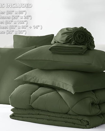 CozyLux Queen Comforter Set Olive Green - Bed in a Bag Queen Size 7 Pieces, Luxury Soft Bed Set for All Seasons, Bedding Set with Down Alternative Comforter, Sheets, Pillowcases & Shams
