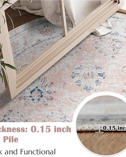 jinchan Fiora Round Rug 8ft Area Rugs - Vintage Floral Distressed Design Machine Washable Non-Slip Low-Pile Ultra-Thin Circle Rug for Living Room Dining Room Bedroom Home Office (8' Round, Pink)