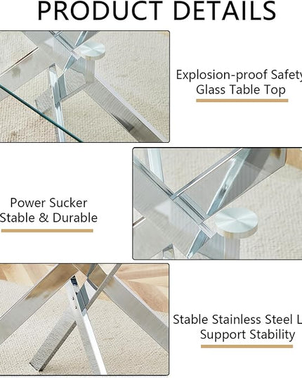 51" Rectangular Glass Dining Table Modern Kitchen Glass Top Table for 4 with Silver Metal Legs, Clear Dining Table Kitchen Table for Home Office Dining Room