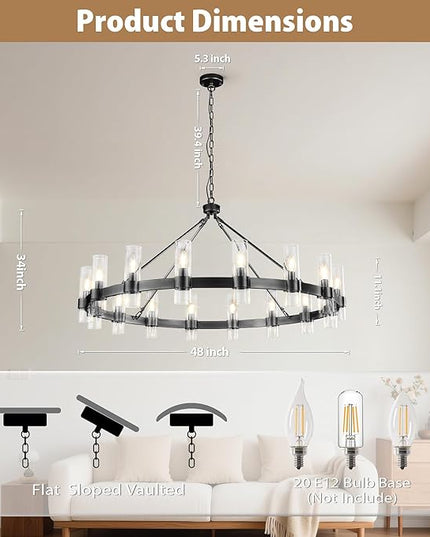 48 Inch Black Chandelier, Wagon Wheel Chandelier with Glass Shade, 16-Lights Large Round Modern Farmhouse High Ceiling Industrial Pendant Lighting Fixture for Dining Room, Living Room, Kitchen, Foyer