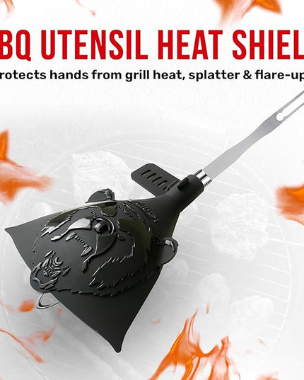 Grillbot Heat Resistant BBQ Heat Shield for Utensils, Protect Hands from Burns, Splatter & Flare-Ups, BPA-Free Silicone, Dishwasher Safe, Universal Fit, Perfect Grill Gift for Men (Black, Eagle)