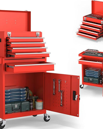 5-Drawers Tool Chest, 2-in-1 Rolling Tool Box with Wheels and Drawers, Detachable Storage Toolbox with Lock, Heavy-Duty Metal Tool Cart for Garage, Workshop (Red)