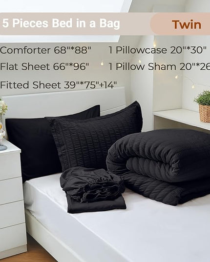 MUXHOMO 5 Pieces Twin Comforter Set, Seersucker Bed in a Bag Twin Size, All Season Luxury Bedding Set with Comforter, Flat Sheet, Fitted Sheet, Pillowcase & Sham, Black