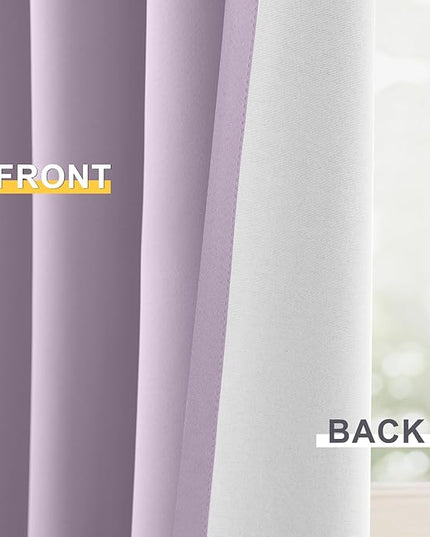 Yakamok 100% Blackout Curtain Panels 84 inches Cold and Light Blocking Drapes for Nursery, 2 Thick Layers Thermal Insulated Draperies (2 Pieces, 50 Wide Each Panel, Lilac Front with White Backing)