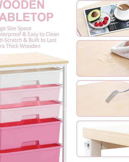 Utility Cart with 5 Drawers,Storage Drawer Cart with Wooden Tabletop and Lockable Wheels,Craft Storage Trolley Cart,5-Tier Rolling Utility Cart on Wheels,Rose Pink
