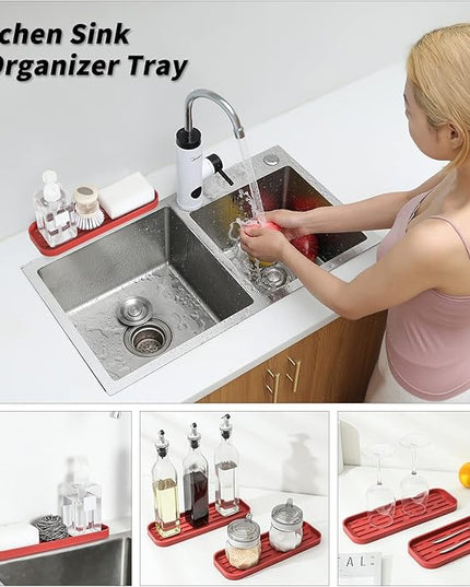 Silicone Kitchen Sink Organizer Tray for Multiple Usage,Eco-Friendly Sponges Holder for Kitchen Bathroom Counter or Sink,Dish Soap Dispenser,Scrubber,Bottle,Cup (Red, 12"×4")
