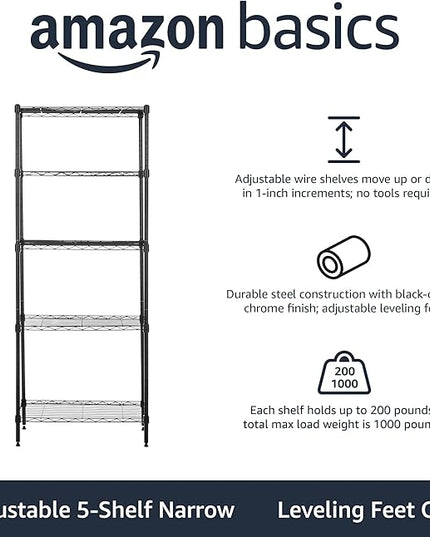 Amazon Basics 5-Shelf Multipurpose Adjustable Sturdy Steel Storage Shelving Unit, Easy Assembly, 13.4" D x 23.2"W x 60"H, Black