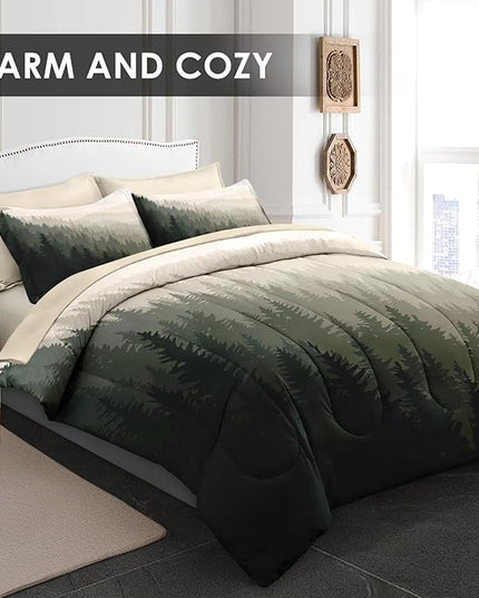 Comforter Set King Size, Mountain Pine Tree 7 Pcs Bedding for Kids and Adults, Natural Forest Landscape Bed Sheet Sets with Fitted Sheet 2 Pillowcases & 2 Shams
