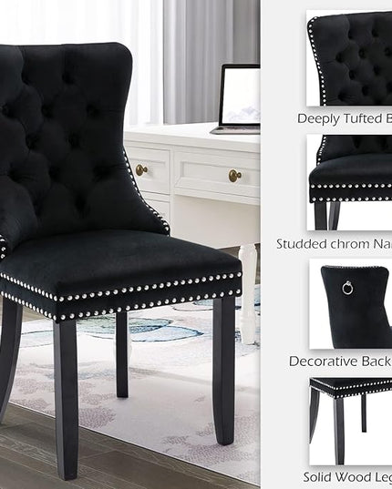 SoarFlash Velvet Dining Chair Set of 8, Upholstered Tufted Dining Room Chair with Nailhead Trim and Solid Wood Leg for Kitchen (Black)