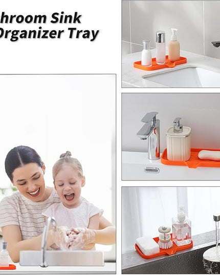 Silicone Bathroom Soap Dishes with Drain Spout-Bathroom and Kitchen Sink Organizer,Sponge Holder,Dish Soap Tray,Perfect for Dispenser,Scrubber,Bottle,Cup on Sink or Counter-Orange 9.6"×5.3"