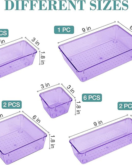 16 PCS Drawer Organizer Set, 5 Varied Size Bathroom and kitchen Drawer cabinet organizer Trays, Clear Storage Bins for Makeup, Jewelry, Utensils and Gadgets, Purple